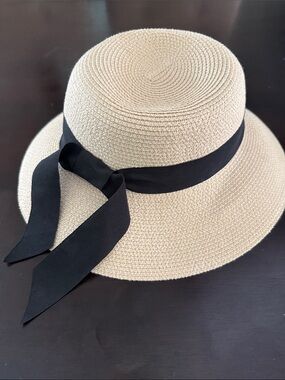 Beige Straw Sun Hat with Black Ribbon